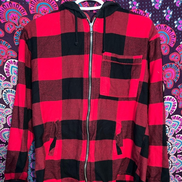 Red and Black Plaid zip up hooded sweater from H&M. - Picture 3 of 3